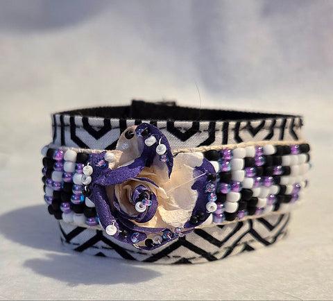 Black, White, Purple Flower Cuff Bracelet