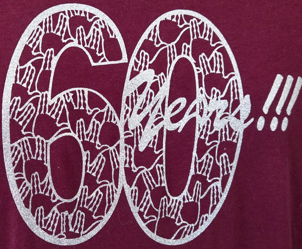 "60 years!!!" Silver Glitter on Maroon