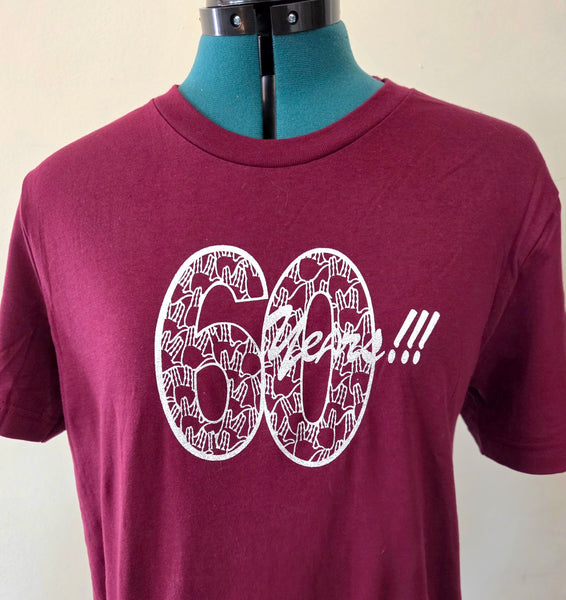 "60 years!!!" Silver Glitter on Maroon