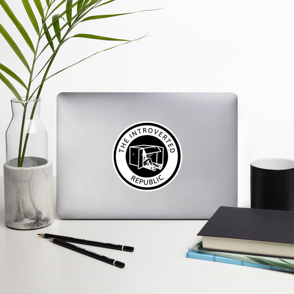 The Introverted Republic Circle Sticker (white over black logo)